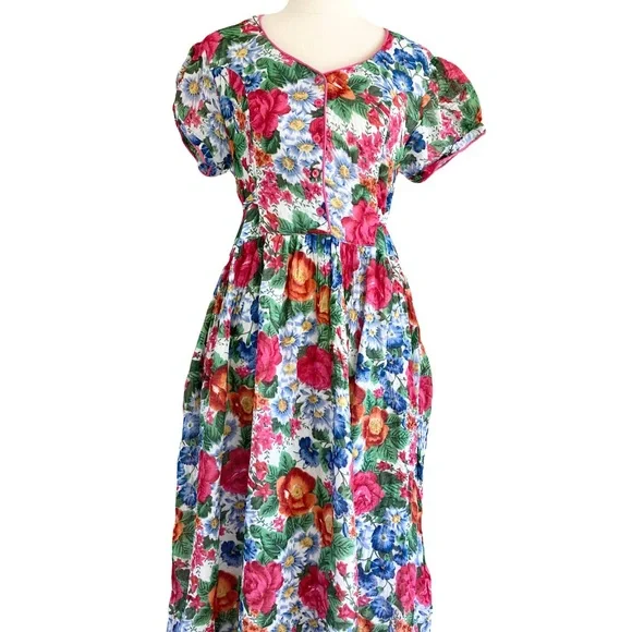 Vintage 1980s Floral Front Button Maxi Dress L Cotton100% Lined Pink Beautiful - Picture 1 of 11